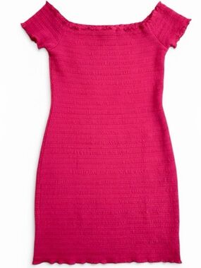 GAP Smocked Mini Dress Pink Ruffle Off Shoulder Stretch Size L NWT
